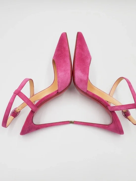 Christian Louboutin Pink Suede Slingback Cross Strap Buckle Pumps Heels EU 38 - Picture 5 of 8